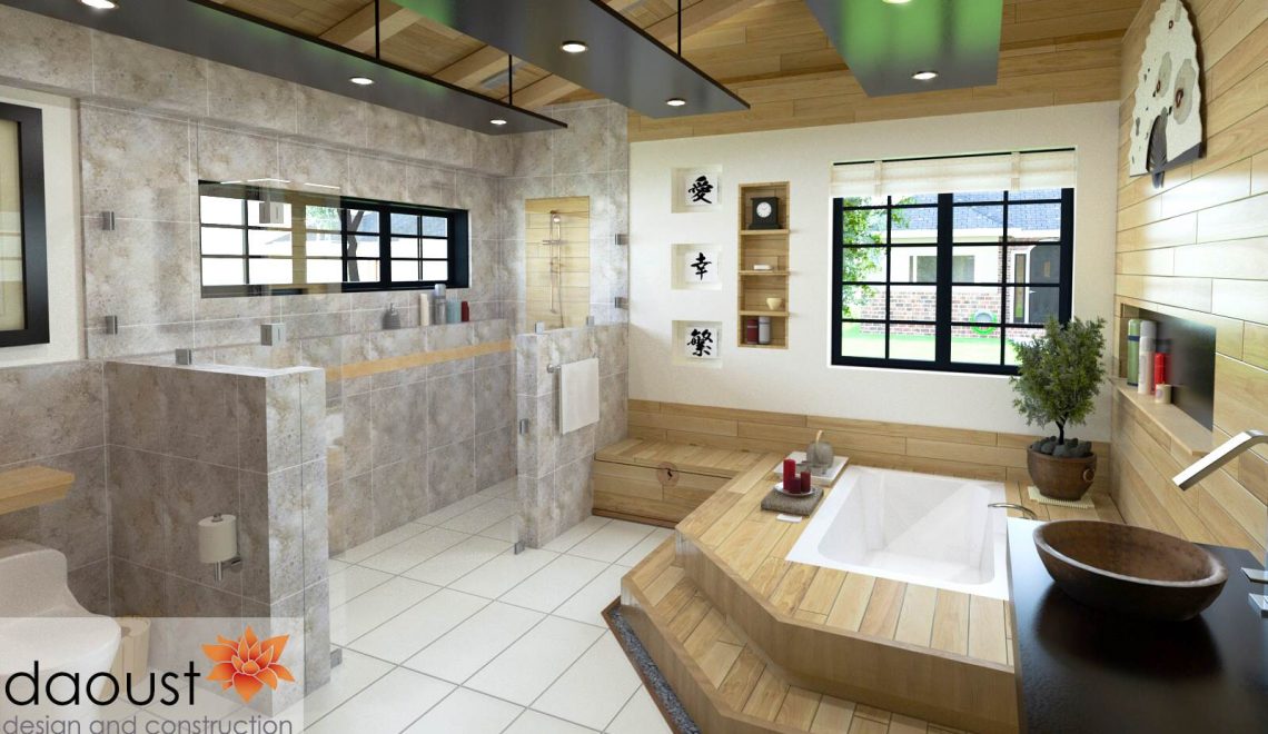 Bathroom Design with walk in shower, built-in tub and spa feel.