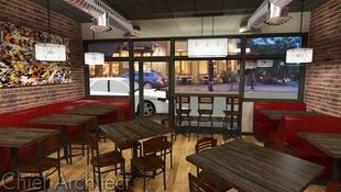 A small, cozy café or pub waits for customers for the evening in this rendering that includes exposed ductwork, worn brick side walls, and lots of booth seating.