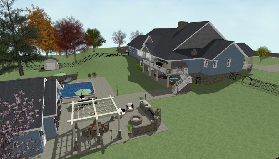 One story home design with walkout basement, covered deck, pool and pool house.