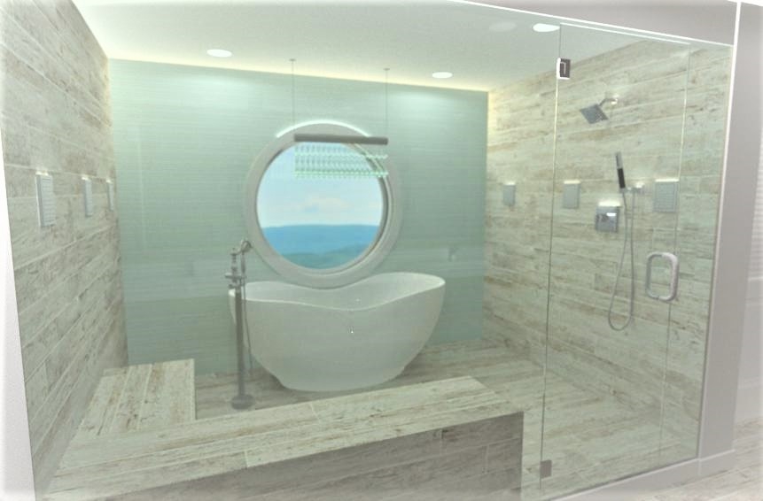 This bathroom design features a walk-in steam shower with a sauna, standalone tub, bench seat and a large round window.