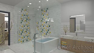 The Silverton ensuite contemporary primary bathroom rendering with an oversized shower and spa lounge bench, free standing bathtub filled with water, custom bath vanity with integrated sinks