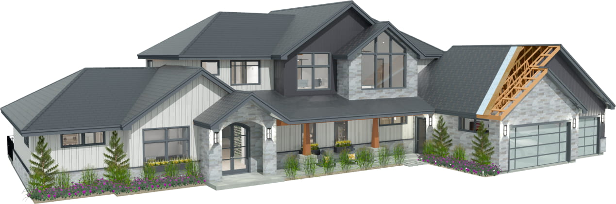 Chief Architect Sample contemporary house plan with exposed roof trusses.