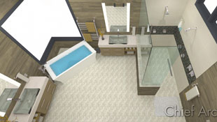primary bathroom with open layout, freestanding tub, corner window, and walk-in shower in neutral colors