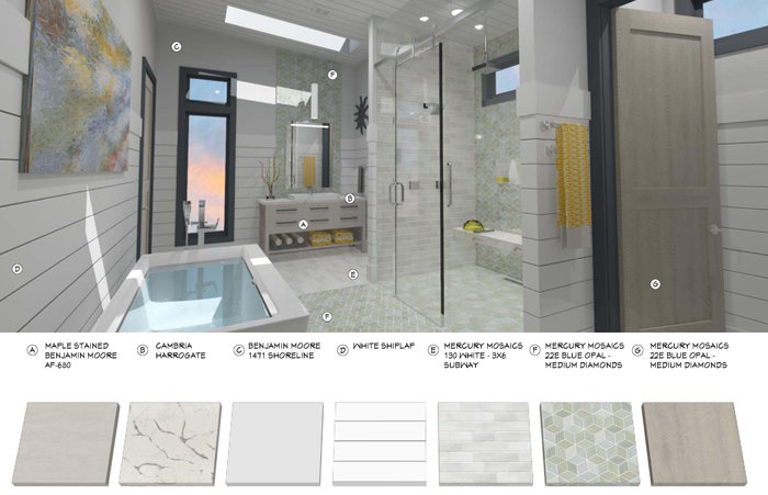 Bathroom rendering with keynotes and material swatches