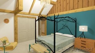 Modern meets rustic in this timber framed bedroom that pops with teal and black accents and mid-century modern furnishings.