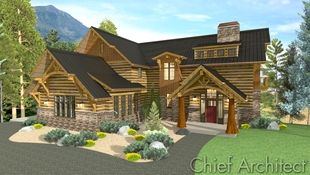 A take on timber frame construction in the form of a classic mountain home with shed dormer, prow roof overhangs, custom trusses, log siding with chinking, and flared stone skirt exhibit the flexibility in home design software.