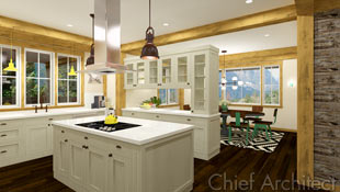Posts and beams frame the neutrally colored cabinets in the peninsula kitchen.