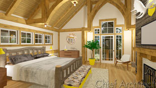 Rustic with touches of modern, a timber framed bedroom has a log bed paired with mid-century furniture.
