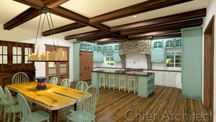 Natural wood trim, beams, and floors, slab wood furniture, and stonework kitchen hood with minty furniture and cabinets contribute to a fresh country kitchen and dining room space.