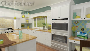 A simple kitchen in white, teal, yellow, and gold has an island with walnut bar overhand, a homework station, and an extra bar sink.
