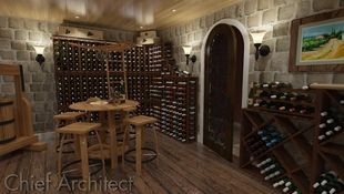 Storing treasure yet to be enjoyed, stacks of bottles, a grape press, and a tasting table fill this cobbled classic wine cellar.