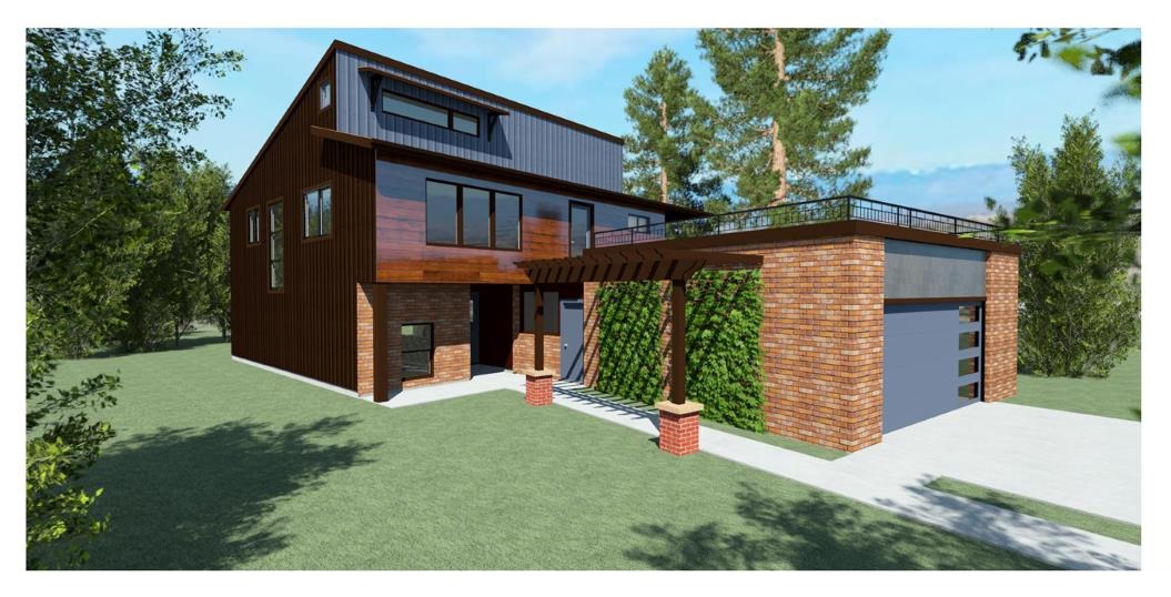 Modern home design with metal and brick siding, roof top patio, and two car garage.
