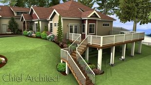 This exterior rendering of a woodland home on a sloped lot illustrates a raised deck with L-shaped stair to the hillside below.