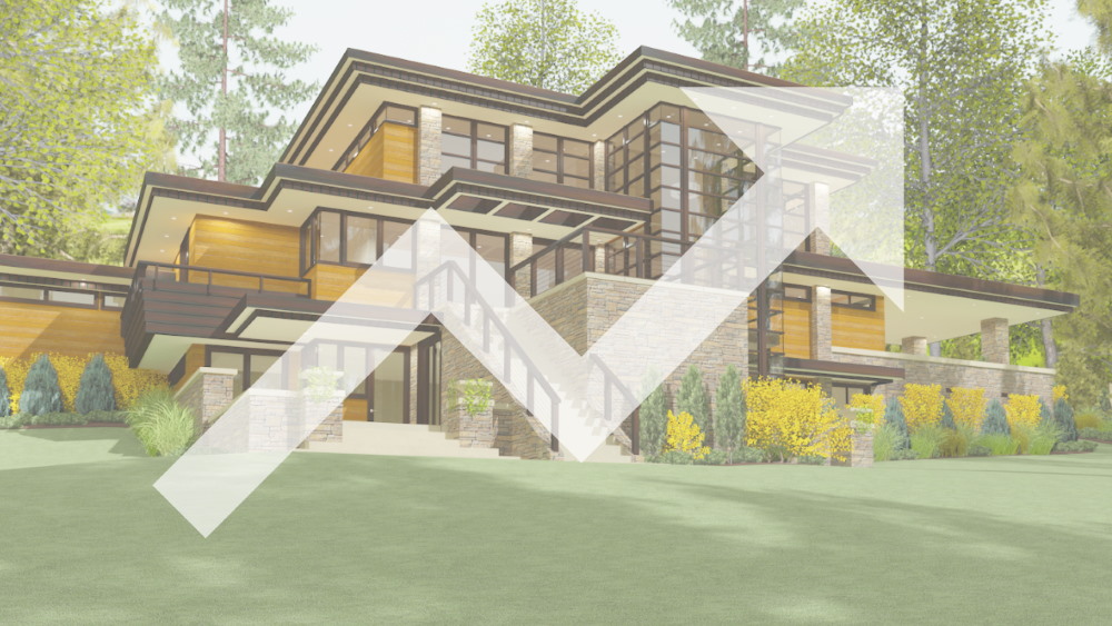 Clerestory house design with an increasing arrow overlaid on it.