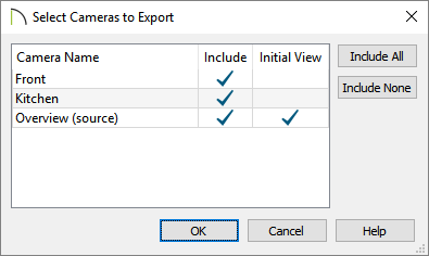 Adjust what cameras will be exported, along with the active view when the model is viewed
