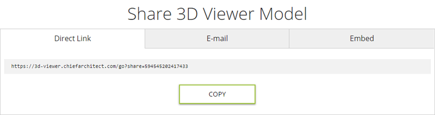 Direct Link tab selected for sharing a 3D Viewer model file