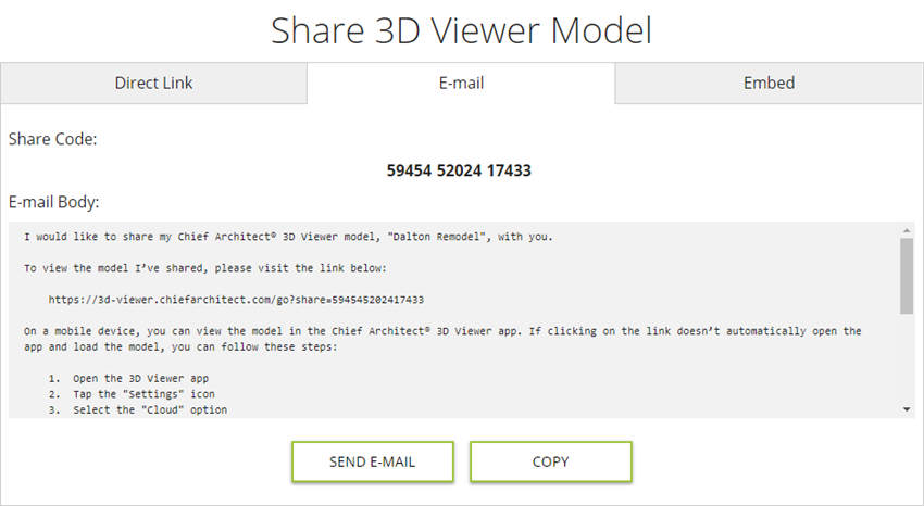 E-mail tab selected for sharing a 3D Viewer model file