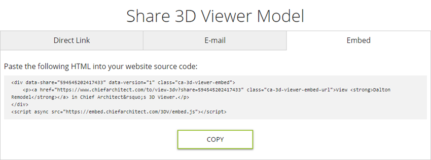Embed tab selected for sharing a 3D Viewer model file