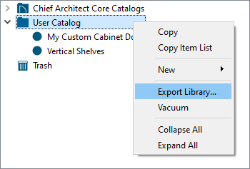 Right-click on the User Catalog and choose Export Library