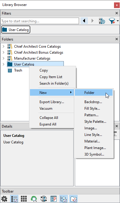 Navigate to New> Folder after right-clicking on the User Catalog