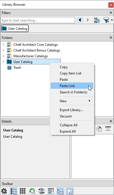 Paste a shorcut/link to an item in the User Catalog