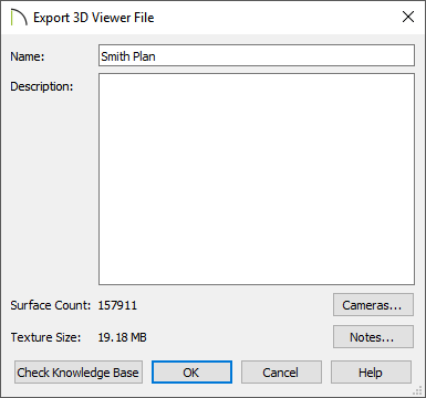 Export 3D Viewer File dialog where a name and description can be specified