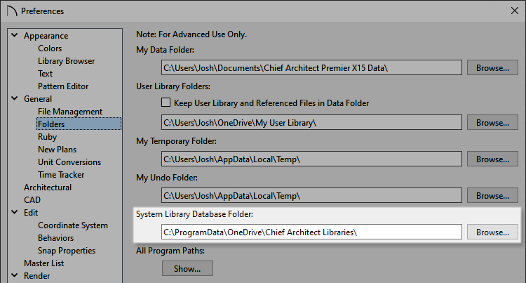 Adjusting the System Library Database Folder on the Folders panel of the Preferences dialog