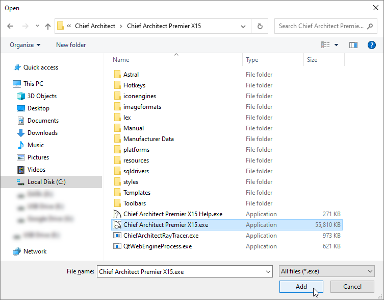 Selecting the Chief Architect executable file