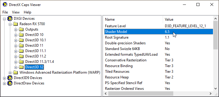 DirectX Caps Viewer utility with the Direct3D 12 folder selected for the video card