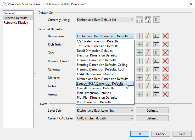 Selecting an NKBA Dimension Default in the Plan View Specification dialog