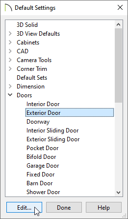 Default Settings dialog with Exterior Door selected
