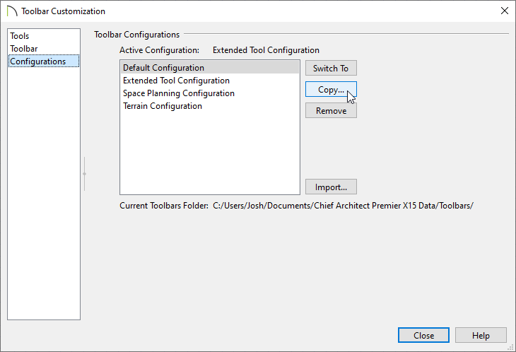 Copy a configuration to create a custom toolbar configuration