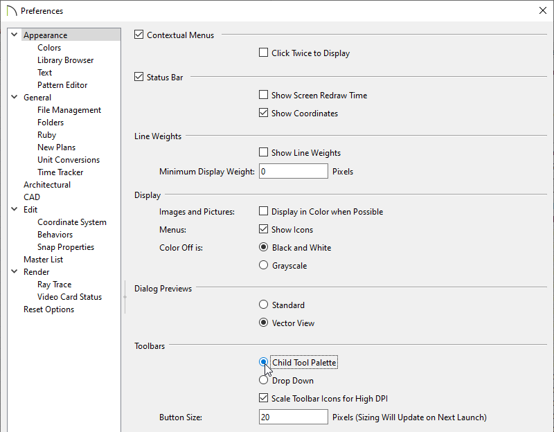 Select Child Tool Palette button in Preferences to switch from dropdowns