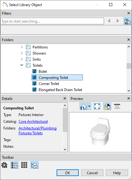 Select library object dialog choosing the composting toilet