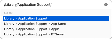 Go to Folder dialog with /Library/Application Support in the Go field