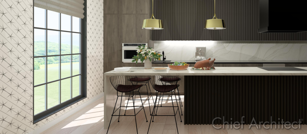 A moody kitchen with Scandinavian wallpaper and a large eat-in island.